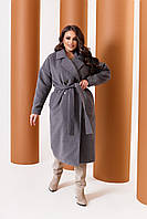Женское кашемировое серое пальто с поясом большой размер
