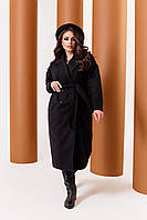 Женское кашемировое черное пальто с поясом большой размер