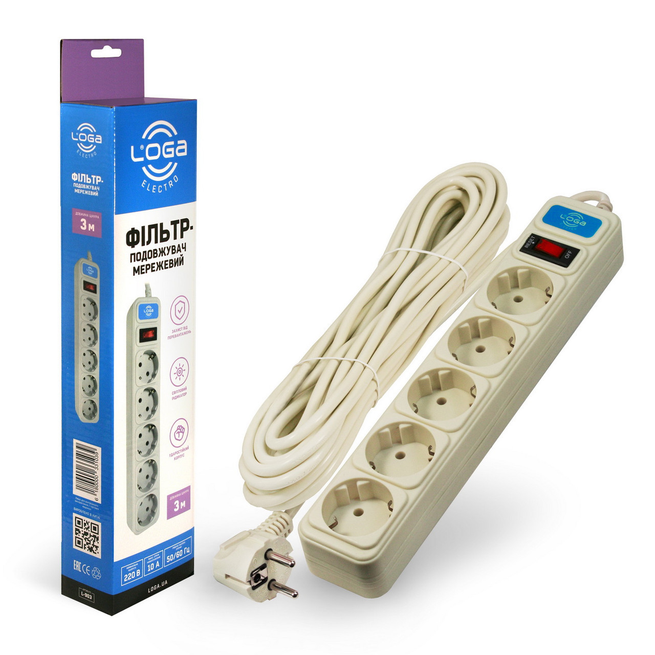 Мережевий фільтр подовжувач 3м із заземленням та вимикачем LOGA, фото 1
