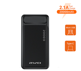 Портативний зовнішній акумулятор Awei P5K 10000 мА·год, подвійний USB A і Type С, швидке заряджання