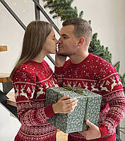 Парные зимние свитера с оленями теплые свитера с оленями красного цвета на Новый год 2024