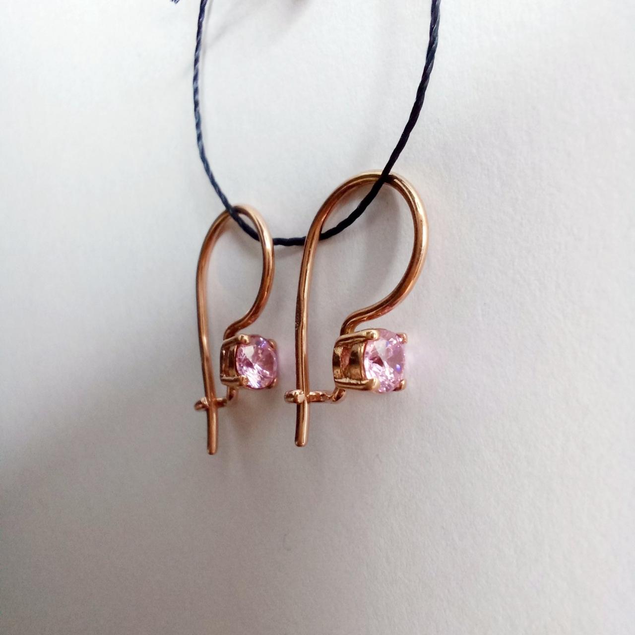 Дитячі срібні з позолотою сережки петля французький замок Рожевий камінчик, фото 1