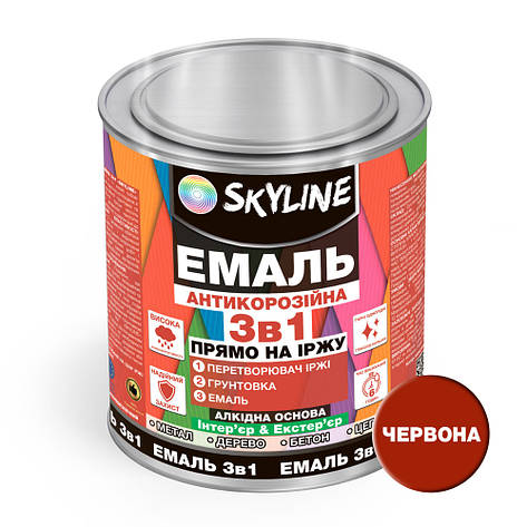Емаль алкідна 3 в 1 по іржі антикорозійна «Skyline» Червоний 0.9 кг, фото 1