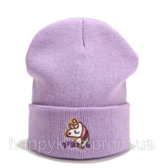 Дитяча демісезонна шапка Єдиноріг лаванда тепла шапочка для дівчинки