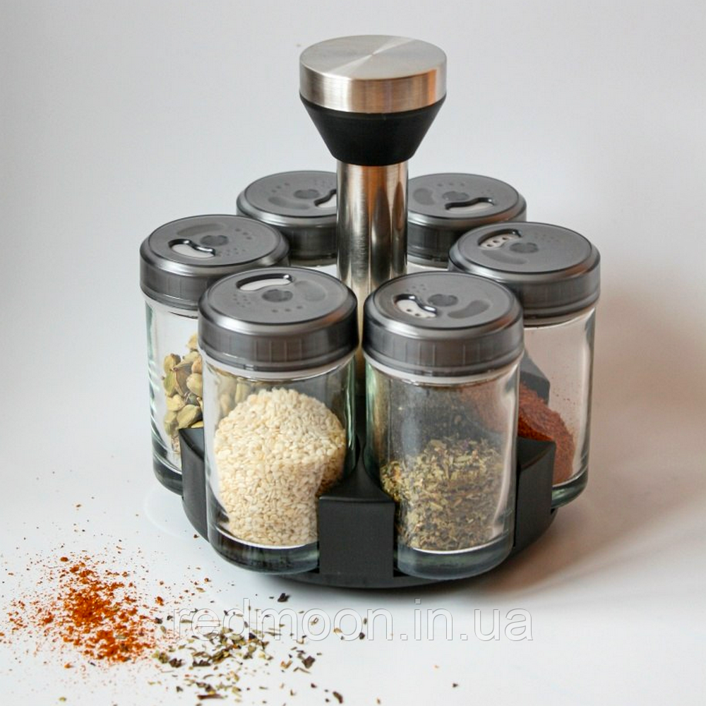 Баночки для спецій на підставці, що крутиться, 7 предметів, Spices set / Набір для спецій, 6 баночок і підставка