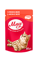 Мяу полнорационный консервированный корм для взрослых кошек «С мясом в желе» 80гр*24шт