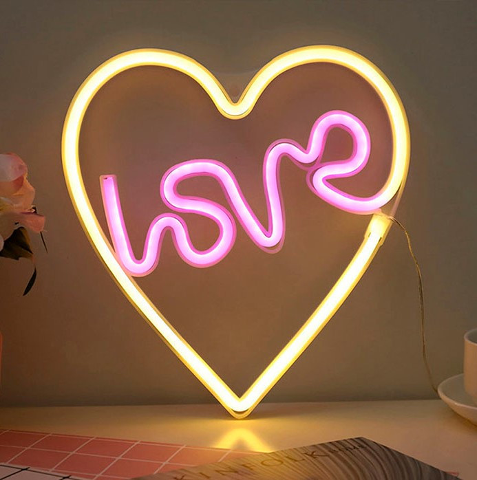 Настінний неоновий світильник нічник Love Серце жовто розове