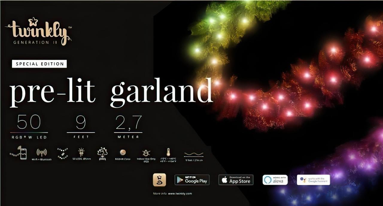 Світлодіодна Smart LED гірлянда на ялинковій гілці Twinkly Pre-lit Garland RGBW 50, 2.7 м, BT+WiFi, Gen II, IP44