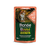 Влажный корм для кошек Monge Cat Wet Bwild Grain Free Sterilised Лосось, Креветки, Овощи 85 г