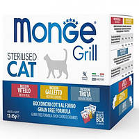 Влажный корм для стерилизованных котов Monge Cat GRILL MIX Sterilised Петушок, форель, телятина 1.02 кг (12