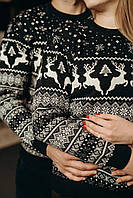 Парные вязаные зимние свитера для двоих теплый свитер зимний с оленями темно-синего цвета