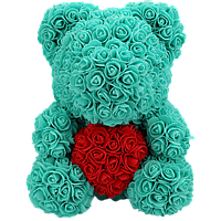 Мишка из роз Бирюзовый 35 см с сердечком (без коробки)