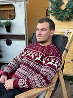 Вязаные зимние мужские свитера на Новый год 2024 мужской теплый свитер с оленями бордового цвета