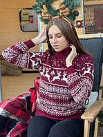 Новогодние женские свитера женский зимний свитер с оленями теплый на Новый год бордового цвета
