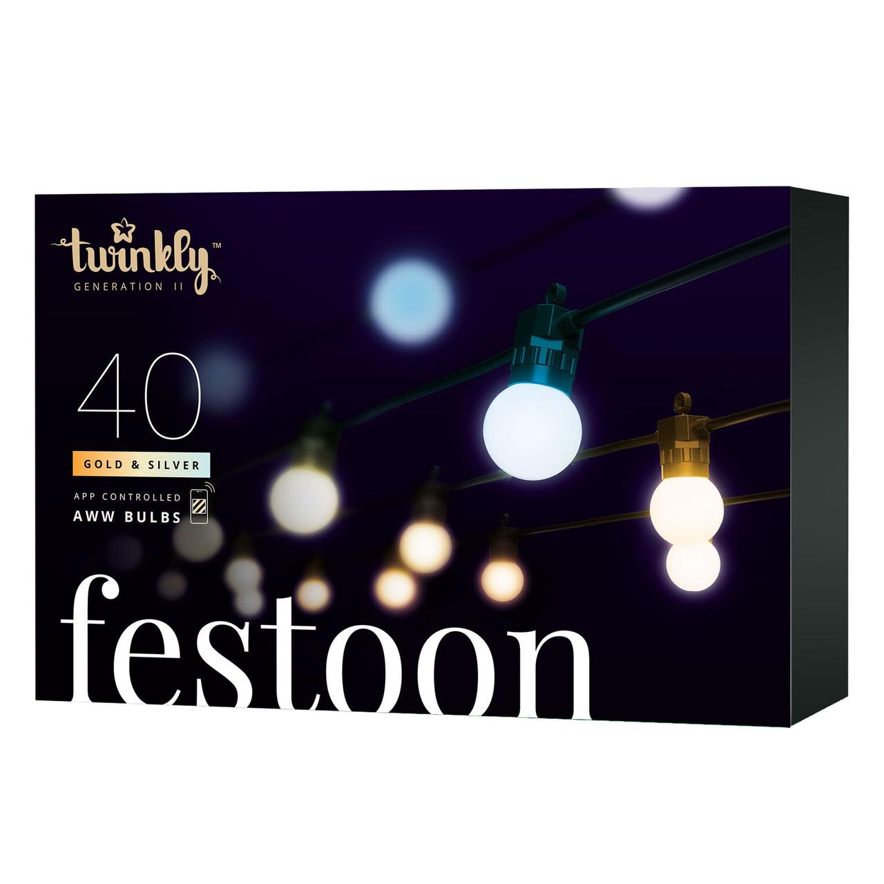 Світлодіодна Smart LED-гірлянда Twinkly Festoon LED AWW 20, 10 м, BT+WiFi, Gen II, IP44, кабель чорний