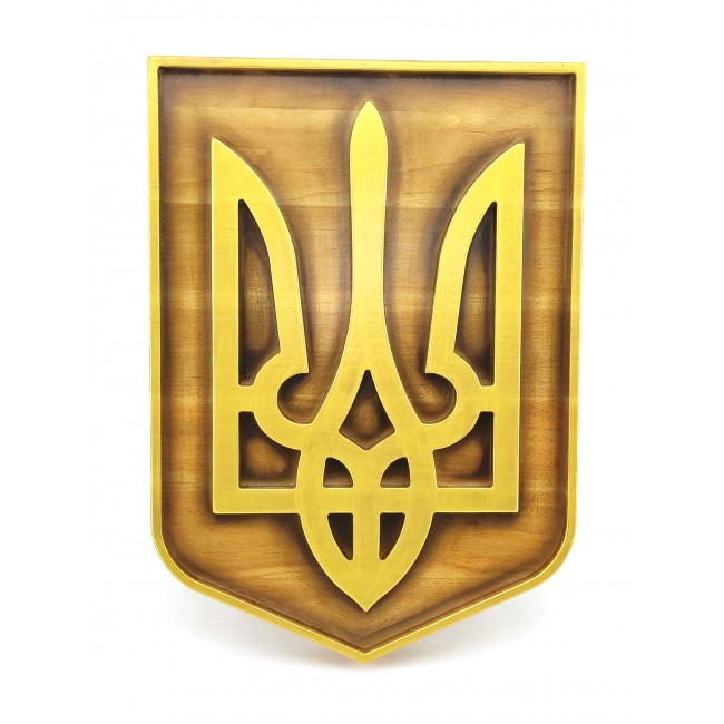 Панно "Герб України" (29*20,5*2,4 см), з натурального дерева, порізне, покрито патиною, вологою, емаллю-золота