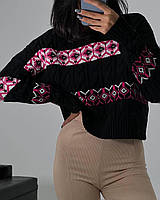 Женский свободный свитер с узорорной вязкой косичка и вышивкой (р. 42-46) 77043077