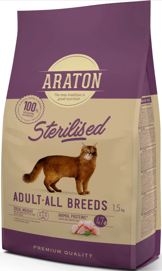 Повноцінний сухий корм для стерилізованих котів ARATON STERILISED Adult All Breds 1,5 кg