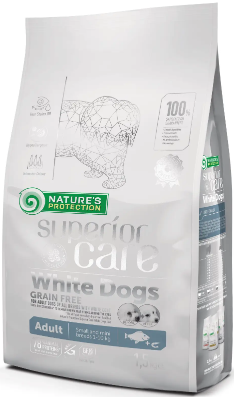 Сухий беззерновий корм для дорослих собак з білою шерстю, для малих порід Superior Care 1,5 кг.