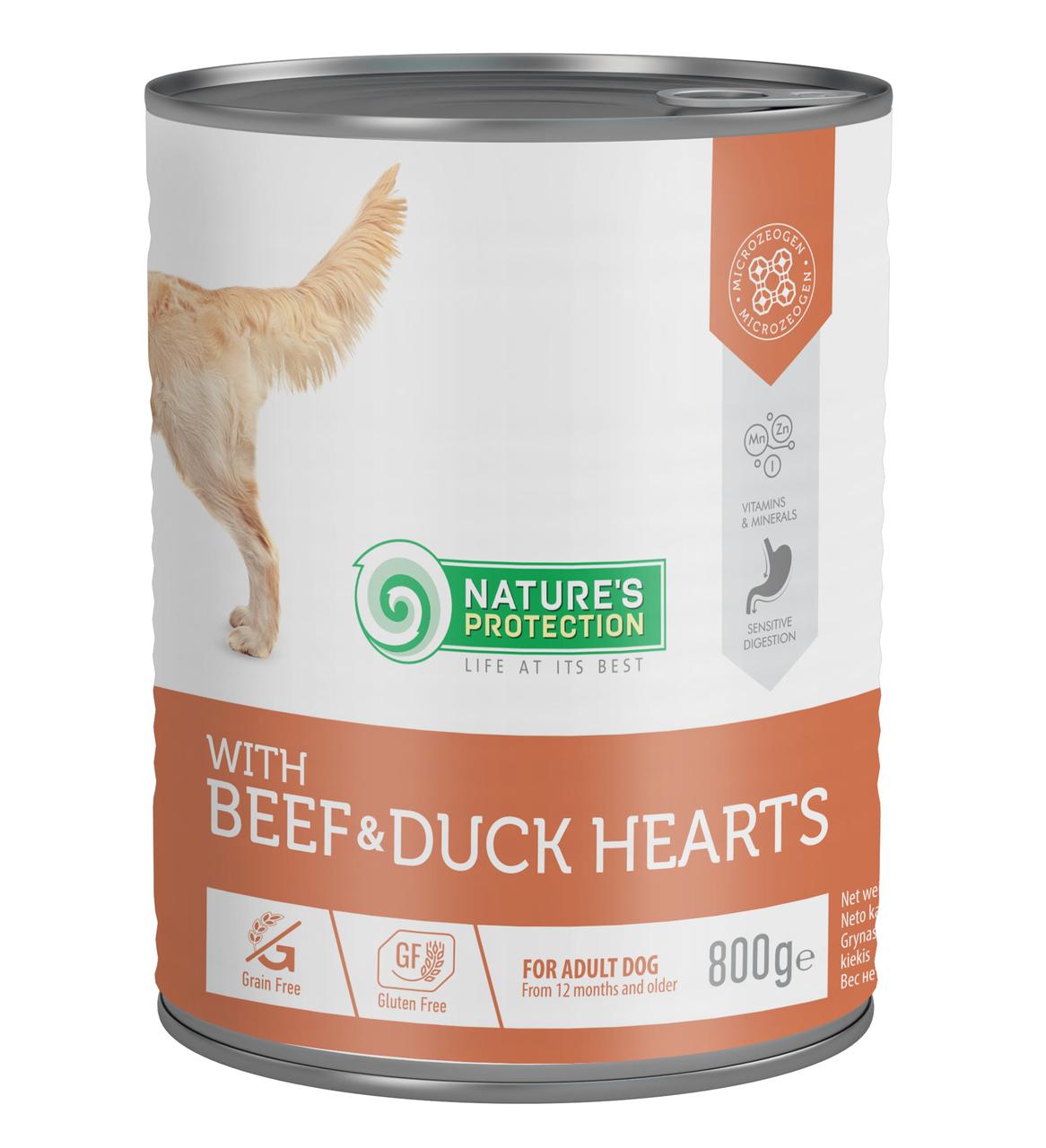 Вологий корм для дорослих собак з яловичиною та качиним серцем Nature's Protection with Beef & Duck Hearts 800 г