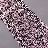 Ажурное кружево вышивка на сетке: розовая нить по темно-коричневой сетке, ширина 21,5 см