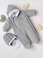 Детский утепленныйкомбинезон с шапкой для новорожденных вязаный с велюровыми вставками размер 62 см Lari Серый