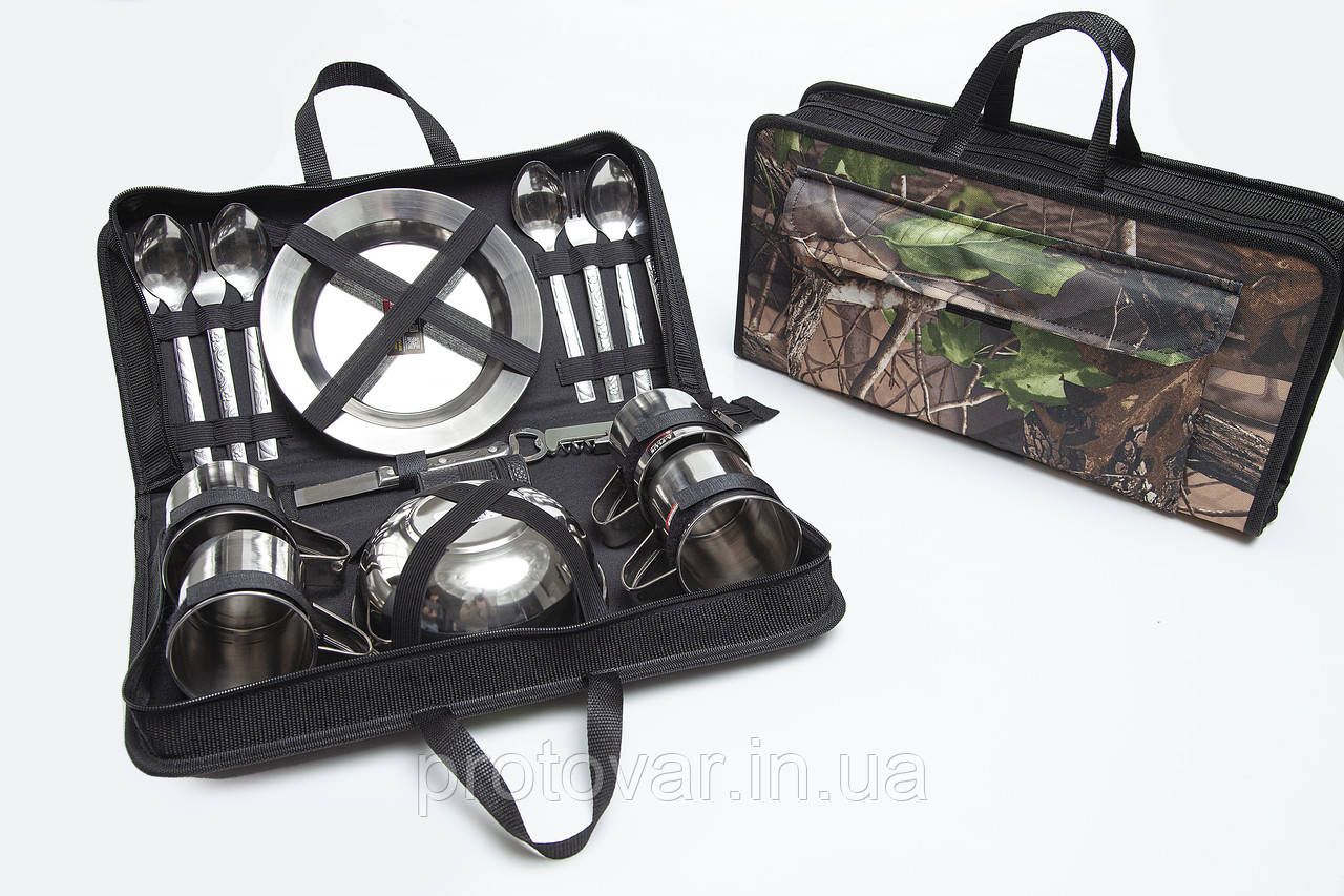 Багаторазовий набір посуду для пікніка подарунковий на 4 персони з неіржавкої сталі в компактному чохлі 29в1