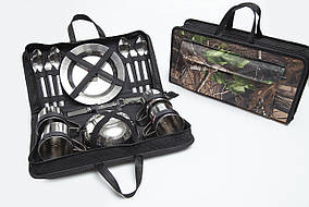 Багаторазовий набір посуду для пікніка подарунковий на 4 персони з неіржавкої сталі в компактному чохлі 29в1