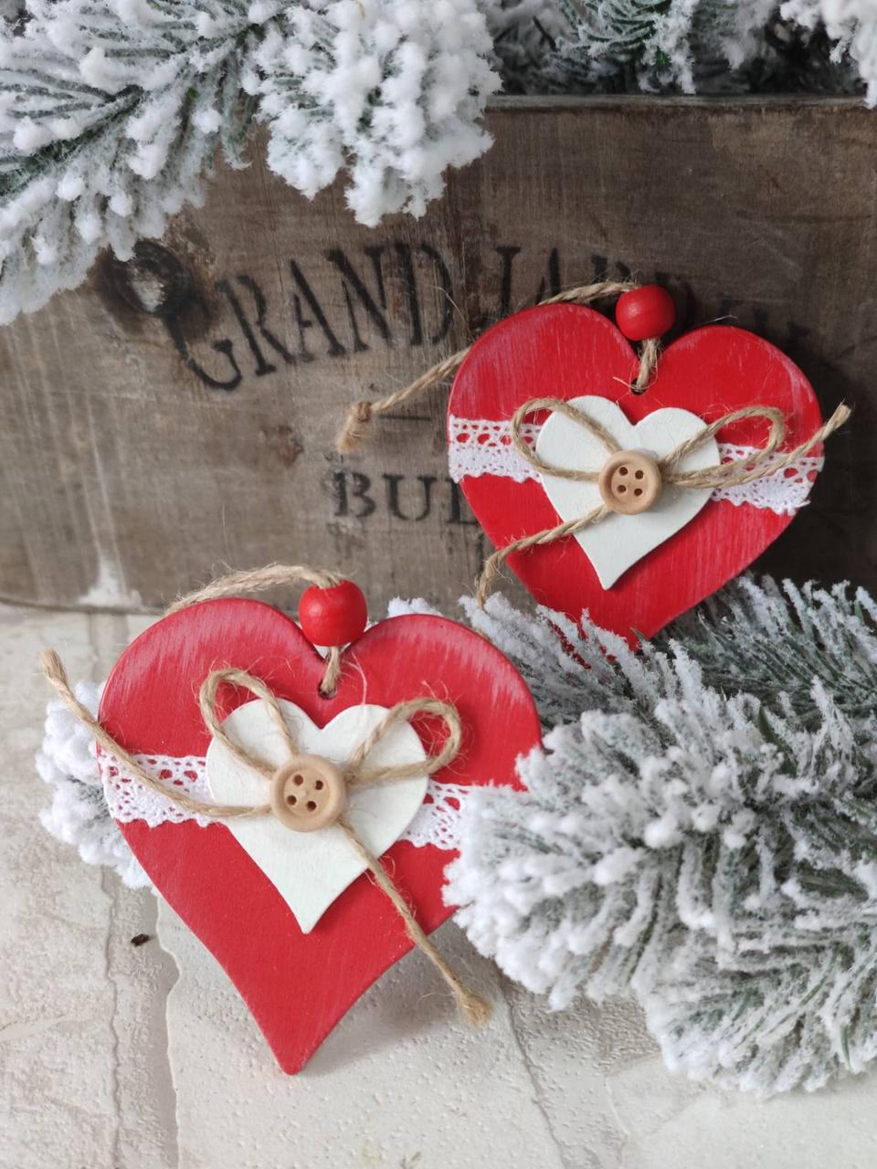 Дерев"яна іграшка на ялинку в формі сердечка, 8,5 см Х 7,5 см, фото 1