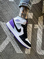 Женские кроссовки Nike Air Jordan 1 Retro Mid Purple (фиолетовые с белым и чёрным) высокие кроссы К4016 кросс