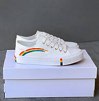 Женские кеды Rainbow Shoes (белые с вышивкой в виде радуги) красивая обувь с цветной подошвой 6636 кросс