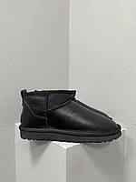 Женские зимние угги Ugg Ultra Mini Black Leather (чёрные) крутые комфортные теплые сапоги L0701 топ 37