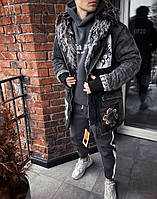 Мужская джинсовая зимняя куртка длинная (серая с рисунками) sop20 молодежная красивая стильная на меху топ