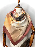 Демисезонный коттоновый шарф-платок с принтом крупного цветка 95х95 терракотовый