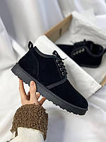 Мужские зимние ботинки Ugg Neumel No Logo Black (чёрные) низкая утеплённая обувь на шнуровке с мехом B046 топ