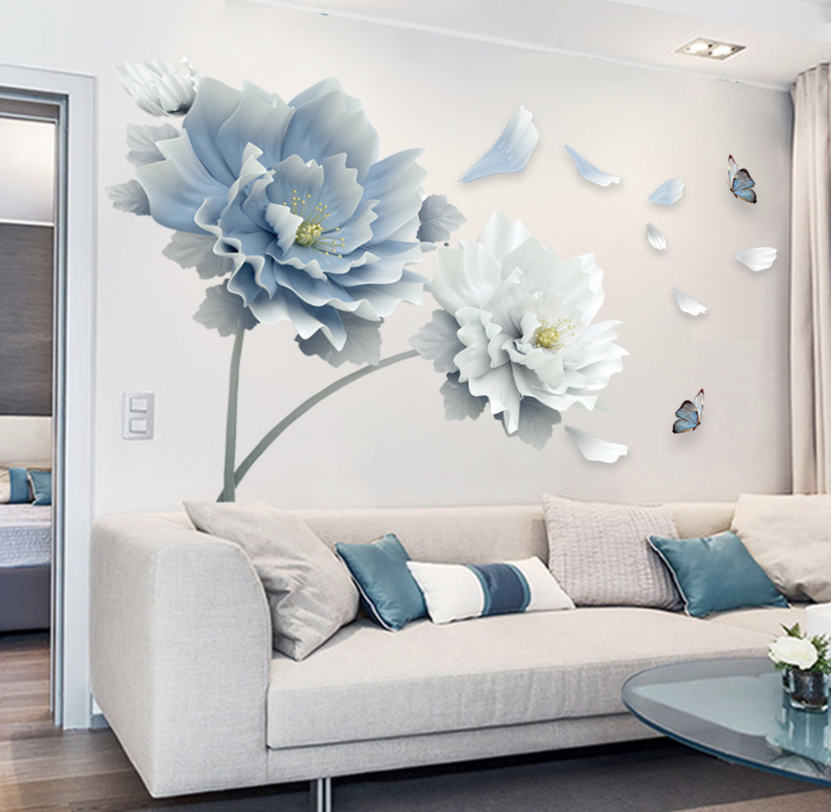 Наліпка декоративна вінілова на стіну на шпалери на меблях дитяча "Блакитні та білі квіти" 125*78 см
