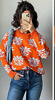 Женский свитер вязка оранжевый с белым принтом круглой горловиной свободный шерстяной Турция очень тёплый