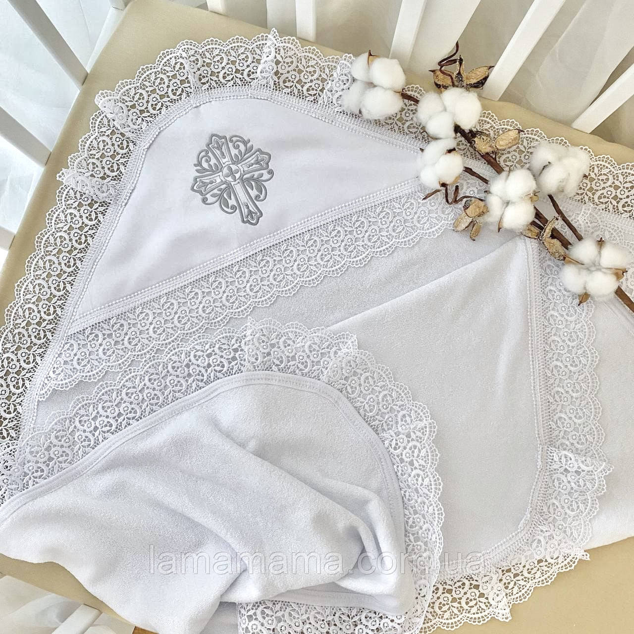 Махрова крижма для хрещення "Сонечко-5" 75х100 см Махра Білий/Срібло Betis, фото 1