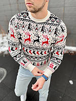 Мужской новогодний свитер с оленями белый с подворотом шерстяной