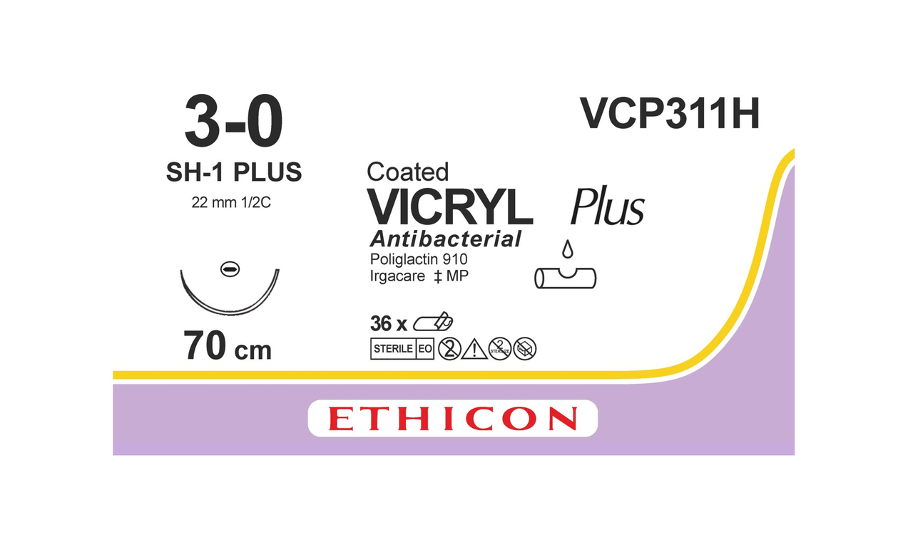Хірургічна нитка Ethicon Вікрил Плюс (Vicryl Plus) 3/0, довжина 70 см, кільк. голка 22 мм, VCP311H