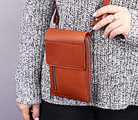Шкіряна сумка жіноча гаманець через плече на блискавці для телефону/ коричнева сумка клатч з плечовим ремінцем