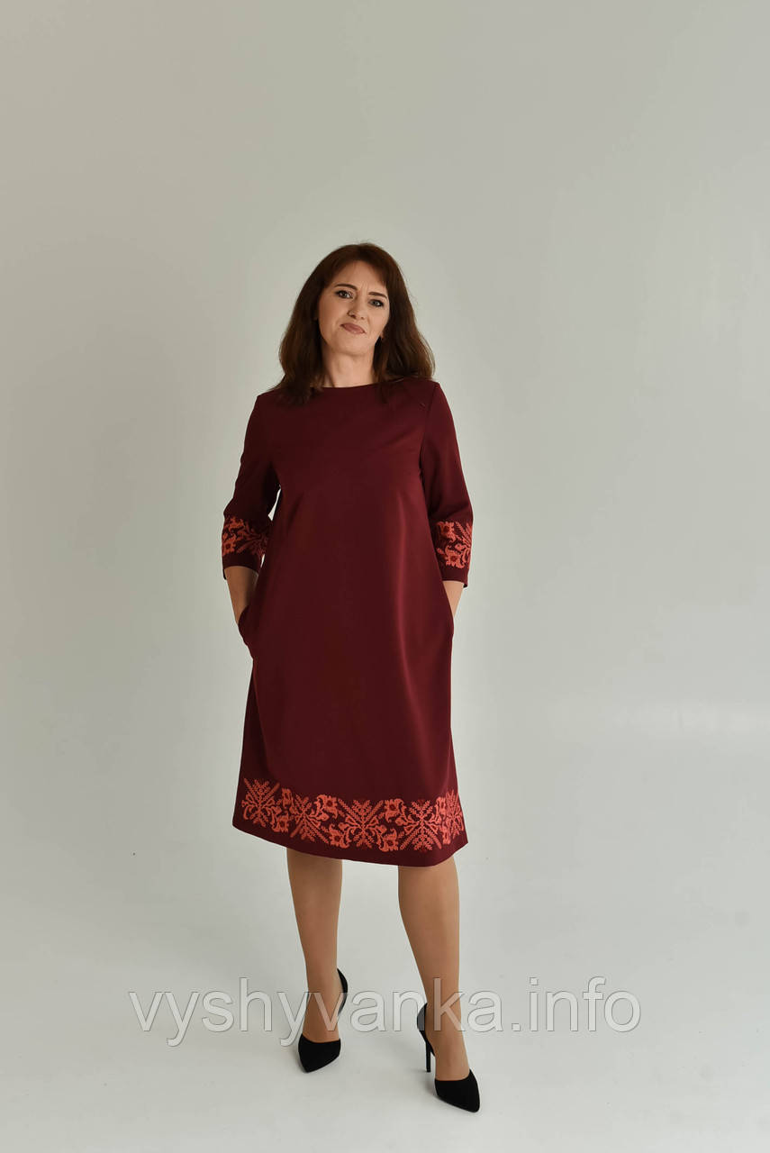 Бордова сукня з кораловою вишивкою,"гуляйполе",арт. 4591