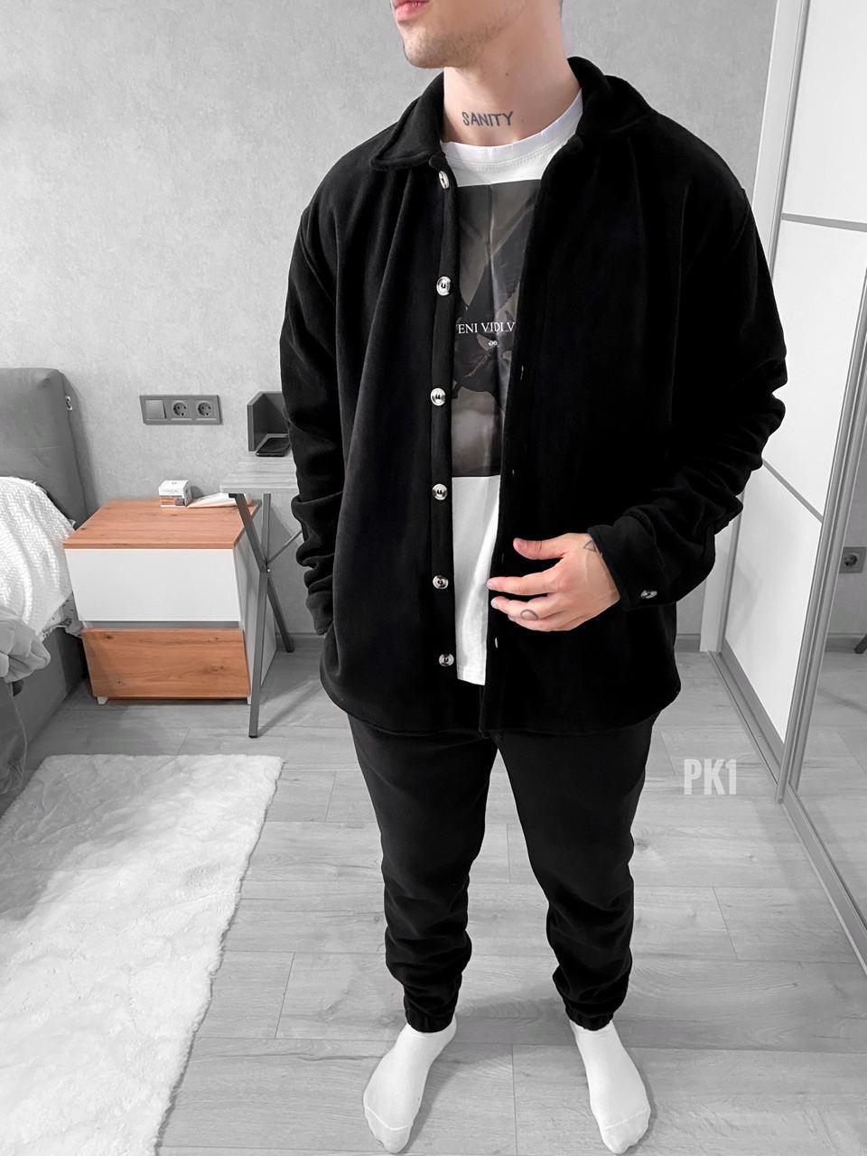 Чоловічий зимовий костюм флісовий сорочка та штани чорний  ⁇  Комплект із сорочкою на флісі на зиму, фото 1