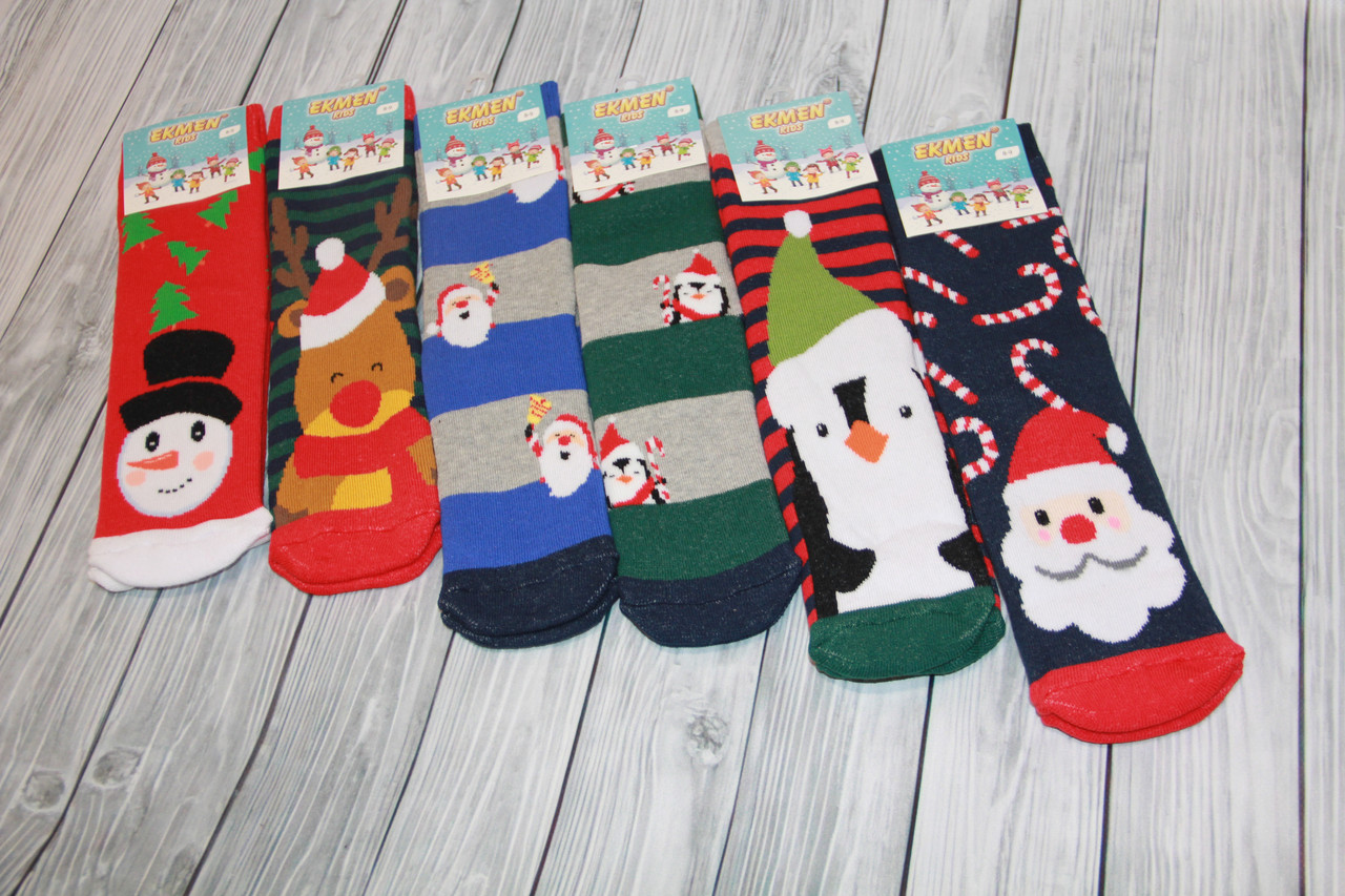 Дитячі шкарпетки махрові новорічні EKMEN 4-5 сніговик,пінгвін,Santa на смугастому фоні
