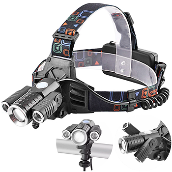 Потужний ліхтар налобний акумуляторний W602-T6+2XPE + Велокріплення / Ліхтарик на лоб з функцією велофари