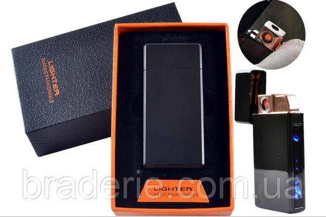 Запальничка USB + газова в подарунковій коробці (спіраль та гостре полум'я) Lighter HL-250 чорна глянсова, фото 2