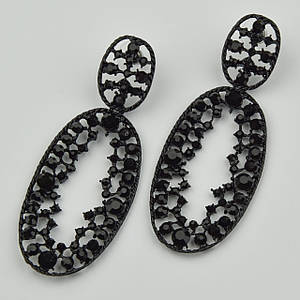 Сережки гвоздики пузети металеві чорного кольору овальні з чорним агатом довжина 8 см ширина 30 мм