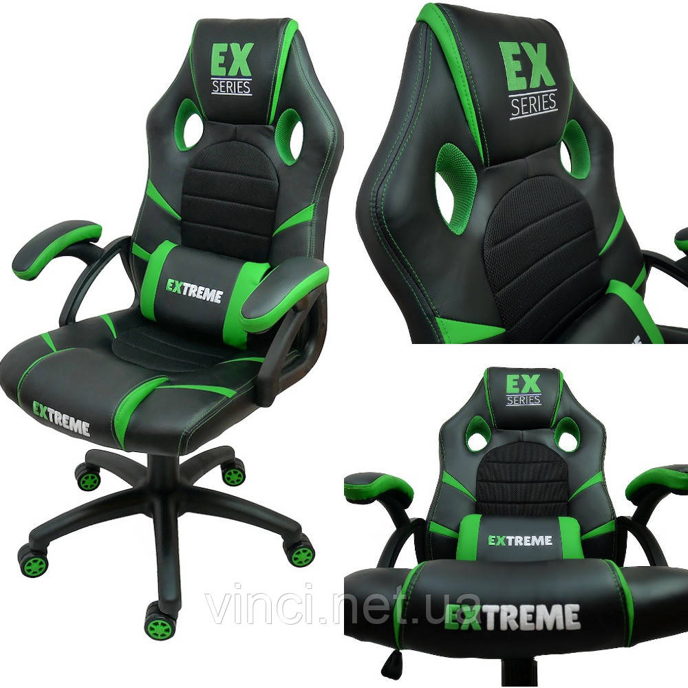Крісло геймерське, ігрове Extreme EX ЧОРНО-ЗЕЛЕНЕ Спортивне крісло Компютерне крісло Крісла до 120кг Польша, фото 1