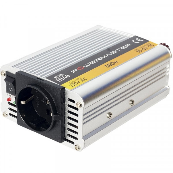 Автономний інвертор POWERMASTER 500W 12V/220V з модифікованою синусоїдою, клеми-крокоділі для АКБ