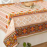Скатертина на стіл лляна бавовняна 150х220 см на обідній стіл "Карпатський орнамент"